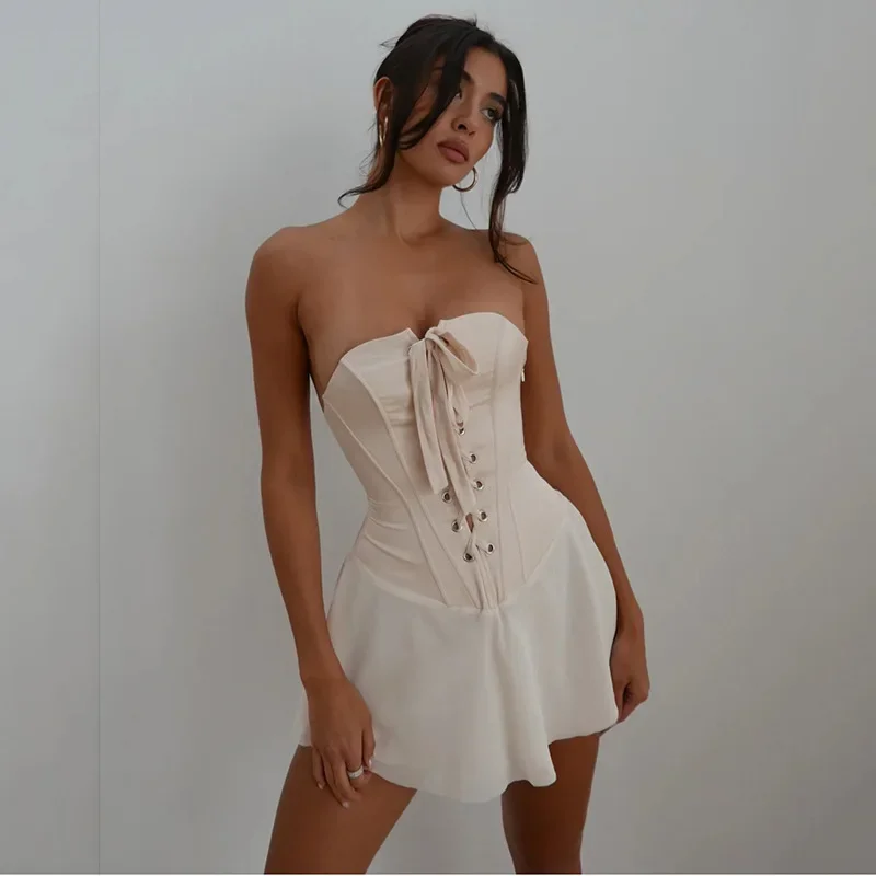 

SKMY New sexy European and American one line neckline strapless lotus leaf short skirt with straps, backless dress 2024