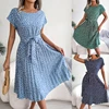 Gaun Berlipat Floral Wanita Gaun Midi Perban Ruched Lengan Pendek Leher-o Kasual Musim Panas Gaun Boho Chic A Line Pantai Wanita 1