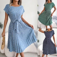 Gaun Berlipat Floral Wanita Gaun Midi Perban Ruched Lengan Pendek Leher-o Kasual Musim Panas Gaun Boho Chic A Line Pantai Wanita 1