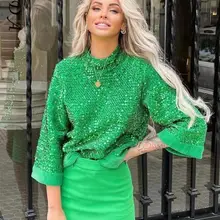 

2022 Spring Fall Fashion New Solid Sequin Casual O-Neck Top Women High Street Flared Sleeve Loose Pullover Tops Ins Style