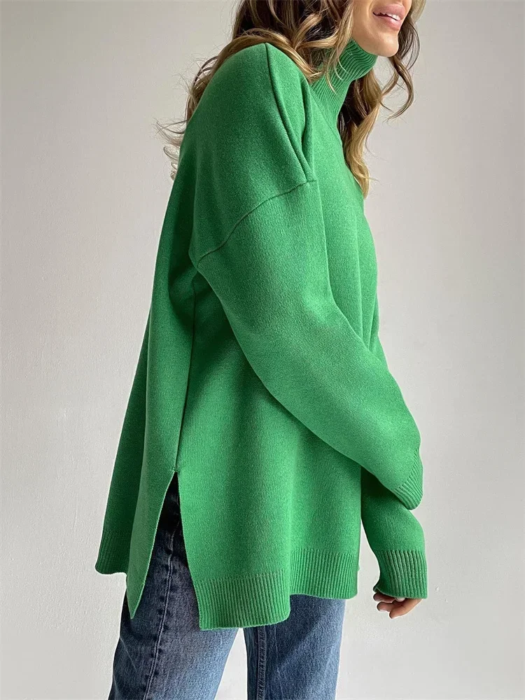 

Autumn Women's Knitted Turtleneck Casual Long Sleeve Top Korean Fashion Green Vintage Oversize Sweater Winter 2023 Elegant Lady