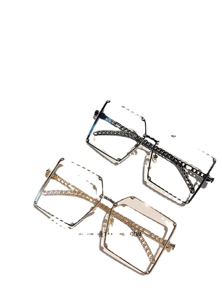 

YY Large Square Frame Metal Chain Leg Anti-Blue Ray Plain Glasses Men's Black Frame