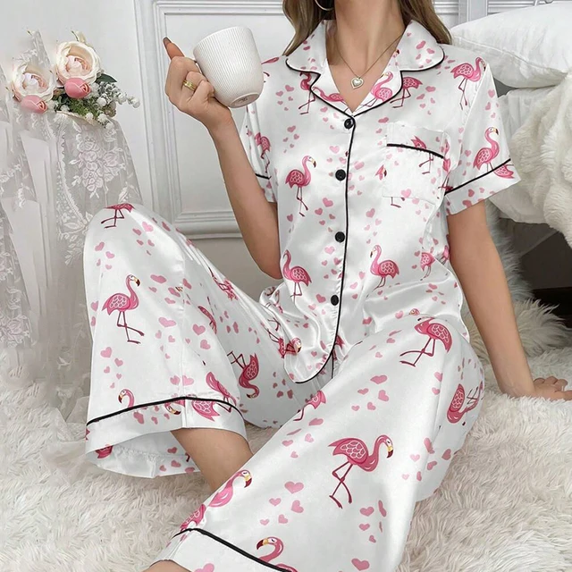 Women's Pajamas Elegant Satin Sleepwear Pj Set Flower Print Short Sleeve Buttons Lapel Tops & Long Pants Nightwear Home Clothes