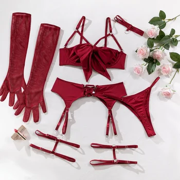 Cut Out Bow Lingerie Set with Garter and Gloves 2