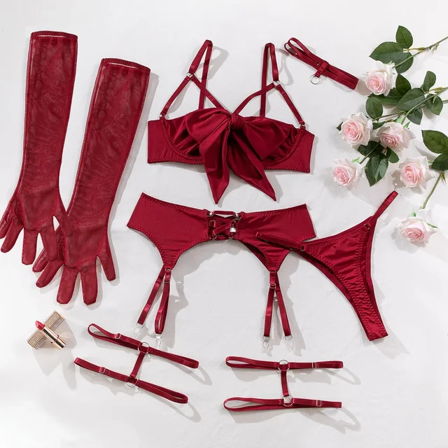 Cut Out Bow Lingerie Set with Garter and Gloves 2