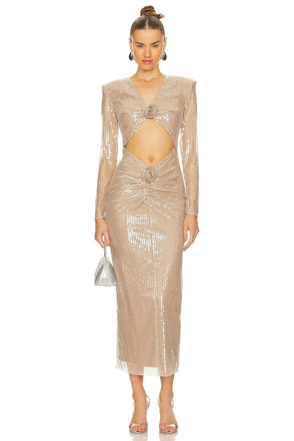 

High End Long Sleeve Champagne Sequin Party Dress with Hollowed Waist and Rose Emb Middle Back Split Ankle Length Evening Dress