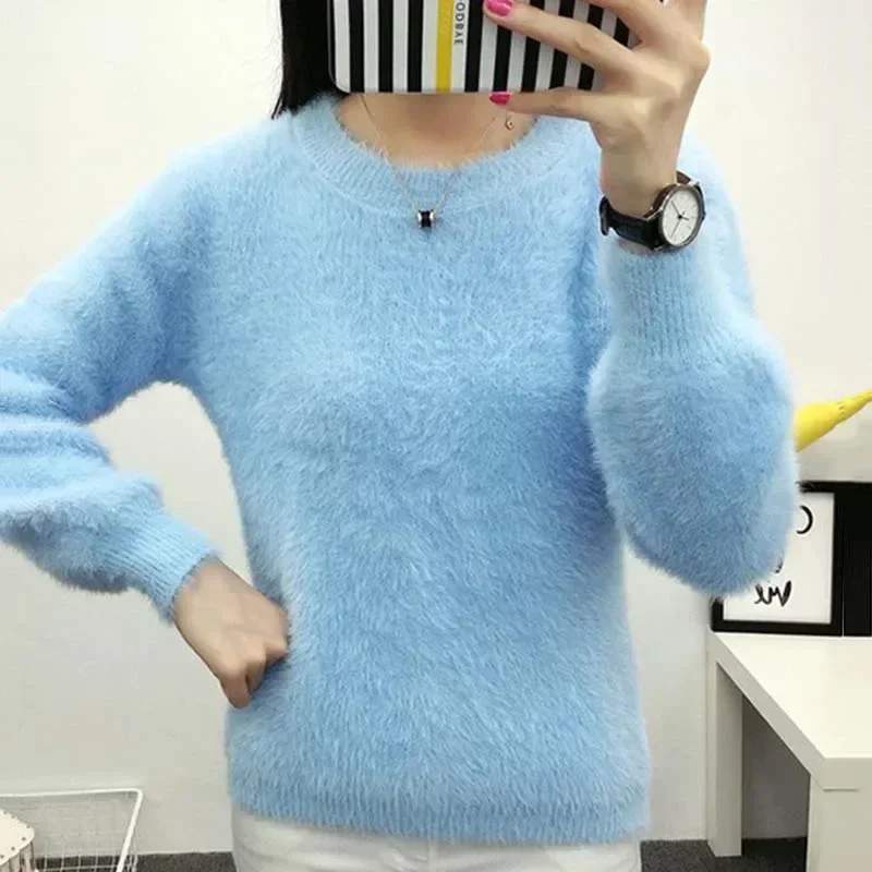 

Mohair Knitted Pullover Purple Sweater Jumpers Girl Solid Color Loose Short Top Keep Warm Sweet College Style Wholesale N805