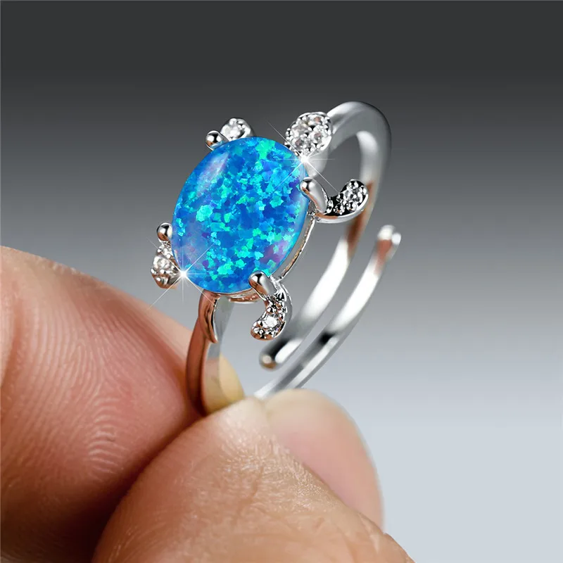 Boho Silver Color Animal Ring Big Oval Stone Sea Turtle Ring Multicolor Birthstone Open Adjustable Rings For Women Ocean Jewelry finger rings fashion rings fashion ring metal rings stone rings bohemian rings