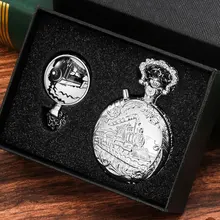 

Big Pocket Watch Silver Luxury Led Luminous Steampunk Train Quartz Pocket Watch Necklace Pedent Clock Gifts Set for Men Women