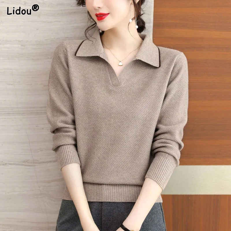 

Women's Clothing 2022 Turn-down Collar Patchwork Solid Temperament Intellectual Dignified Autumn Winter Thick Pullovers Elegant