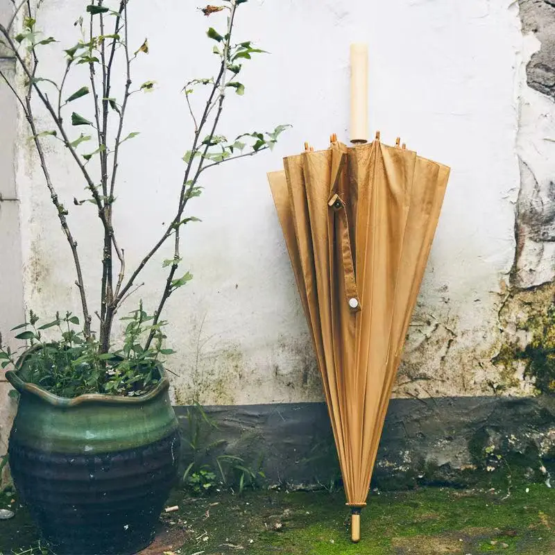 16 Bone Clear Umbrella National Style Retro Art Small Fresh Long Handle Wooden Windproof Sunscreen Black Adhesive