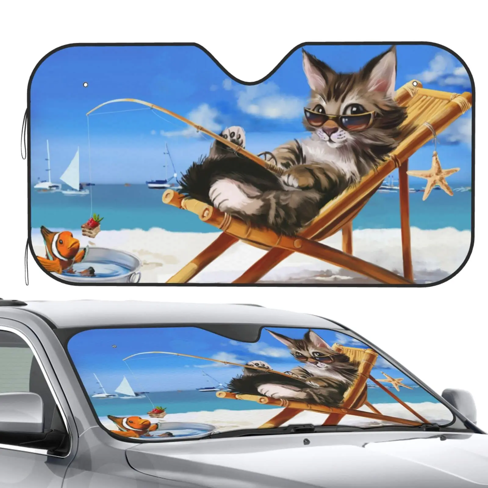 

Front Window Car Sun Shade Windshield- Cat Beach FoldableFunny Sunshade for Car Truck SUV-Blocks Uv Rays Visor Shield Cover