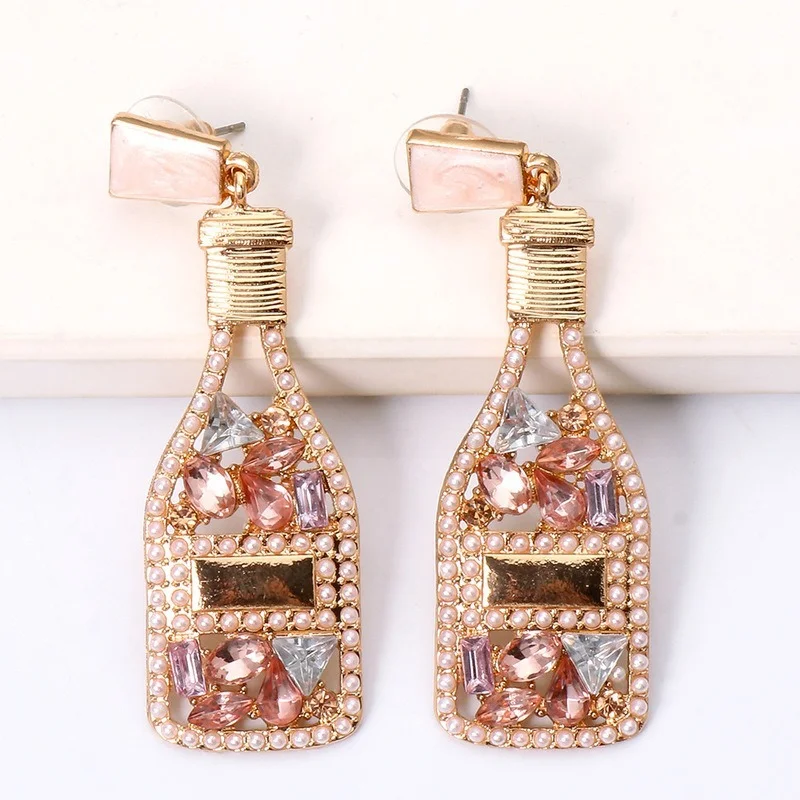 Minar Dainty Full Rhinestones Champagne Bottle Dangle Earrings For