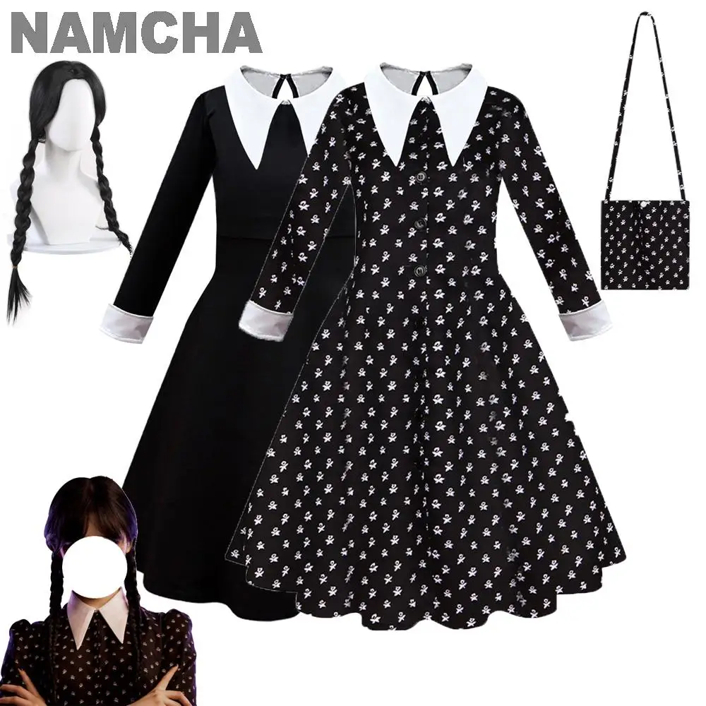 

Wednesday Addams Cosplay Costume for Kids Long Sleeve Black Dress Girls Halloween Party Outfits wit Wigs Accessories