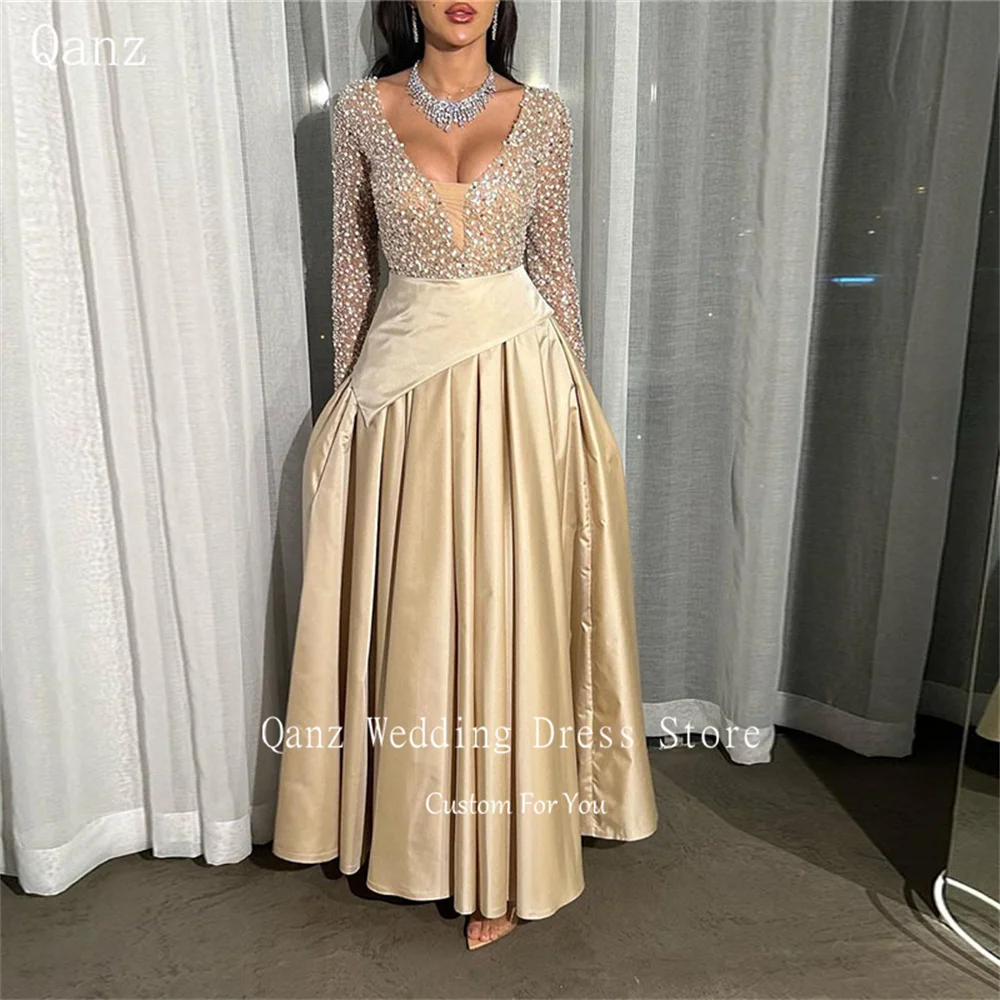 

Qanz Elegant Long Evening Dresses Full Sleeves Glitter Pearls Formal Prom Dresses Saudi Arabric A-Line V-neck Prom Gown 2024