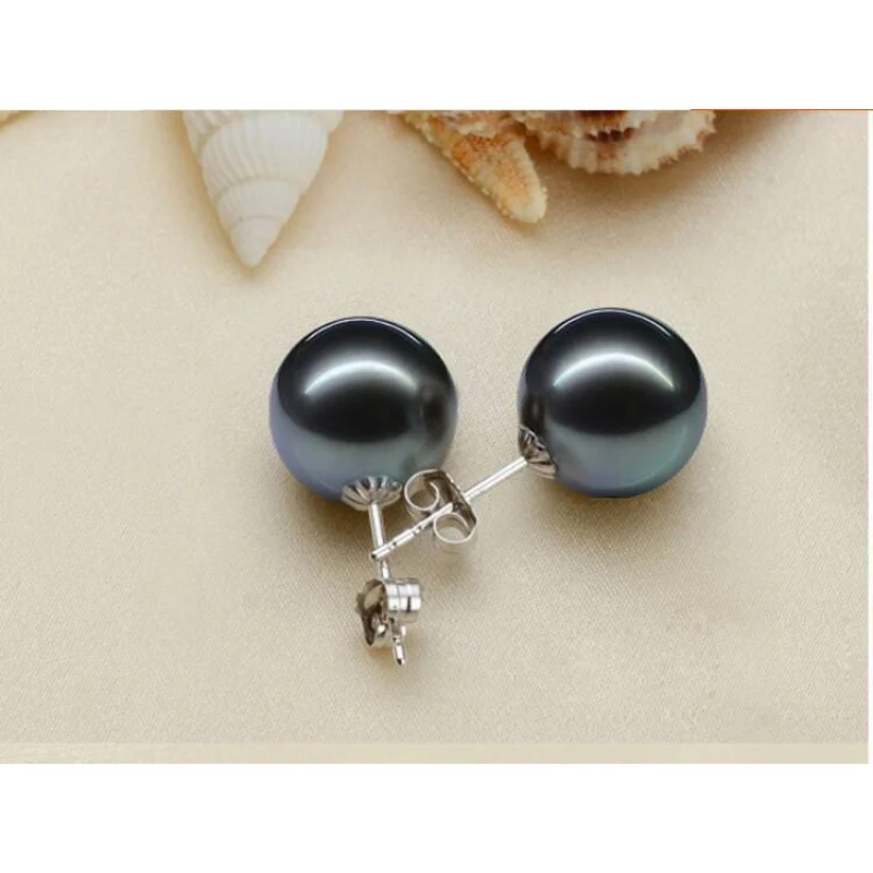 

Pair of 10-11mm natural south sea genuine round black pearl earring AAA