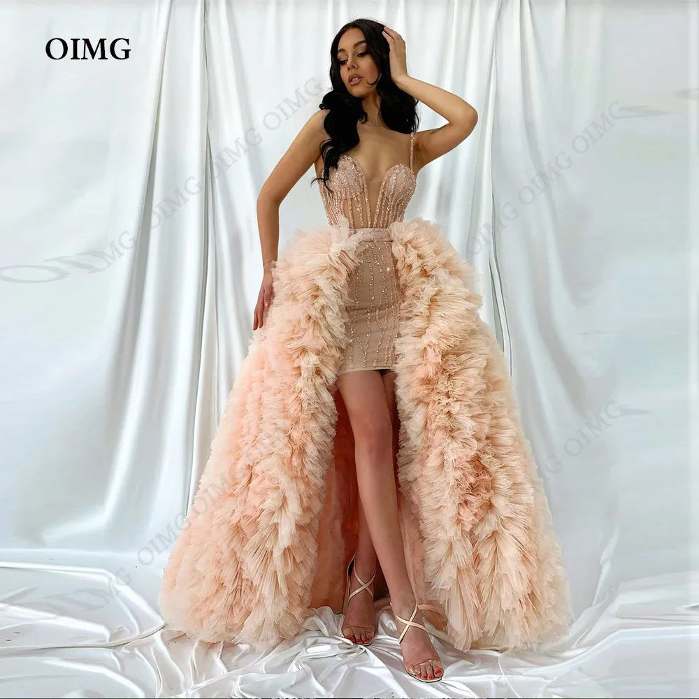 

OIMG Sparkly Shiny Tulle Tiered Prom Dresses Ruffled Long Sequins Beads Formal Evening Gowns Sequined Formal Party Dress 2024