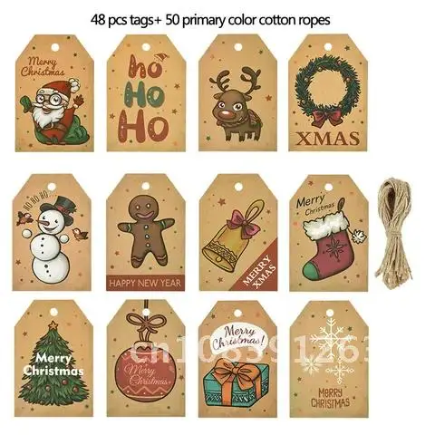 

48Pcs Christmas Gift Tags Cartoon Santa Claus Christmas Tree Pendant DIY Xmas Gift Packaging Decor Present Box Labels