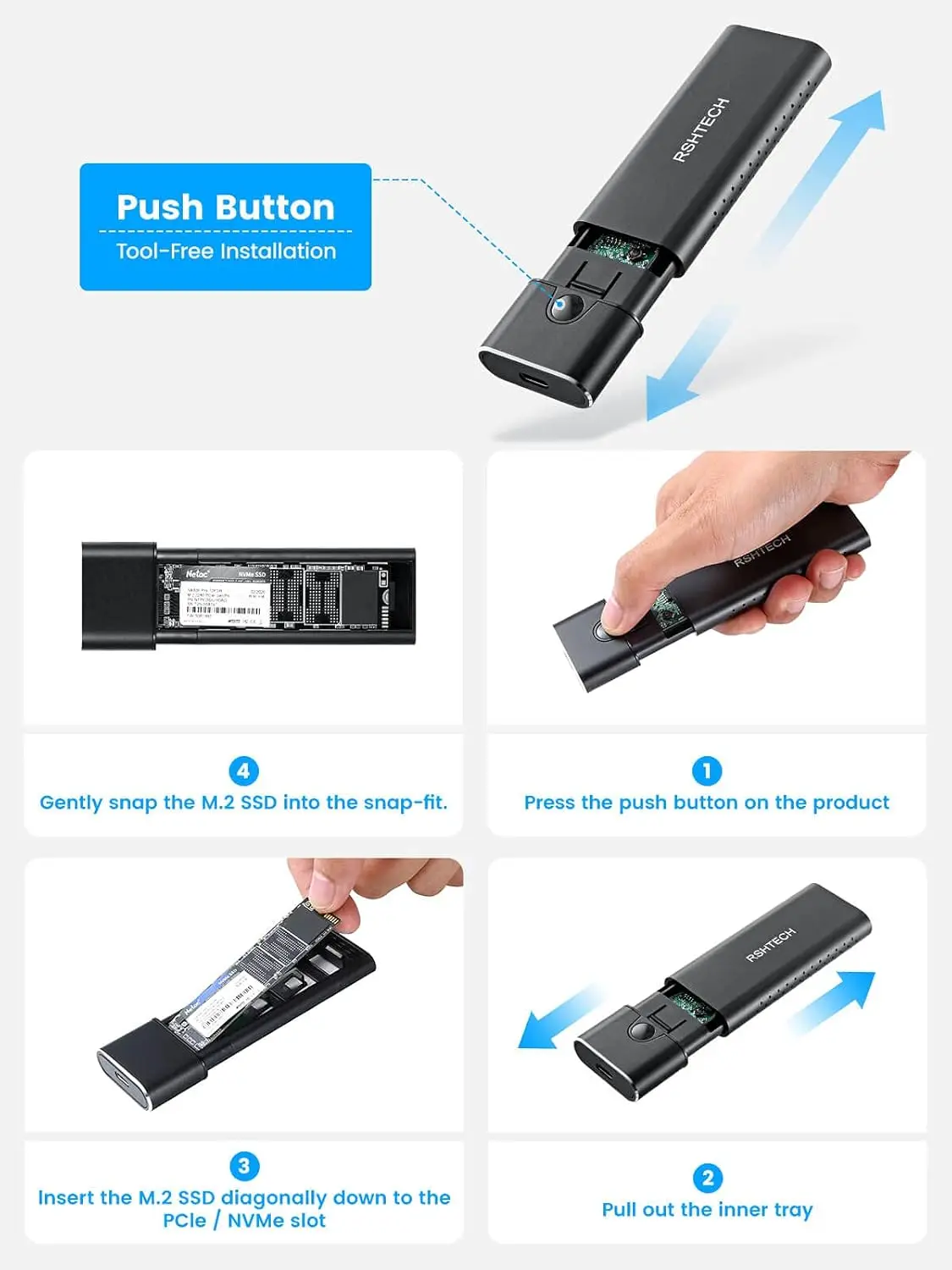 RSHTECH M.2 NVMe SSD Enclosure 10Gbps NVMe SATA SSD Caddy for B+M Key M.2 SSDs Aluminum USB 3.2 Gen2 External Enclosures