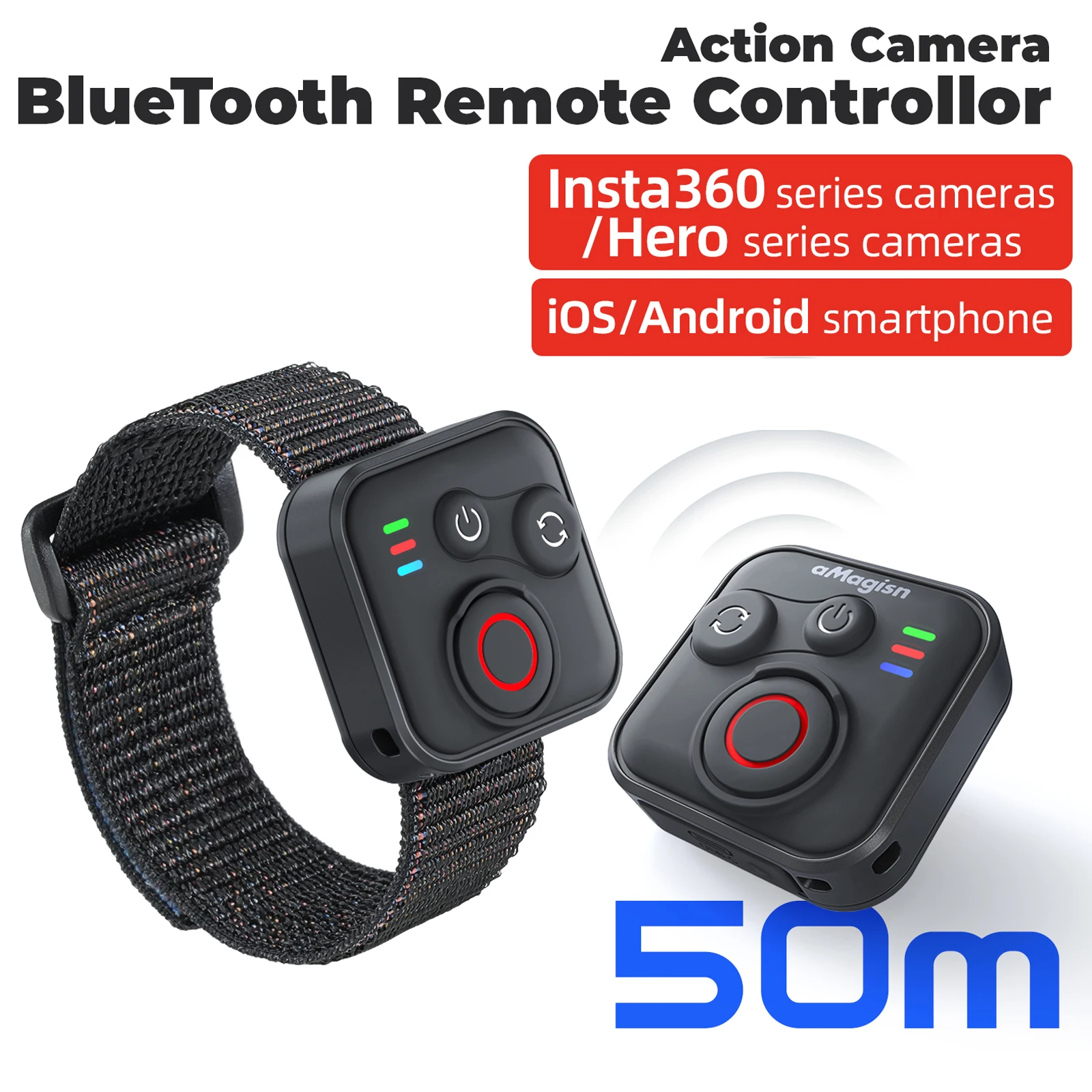 Télécommande Bluetooth 50m pour caméra d'action et sa dragonne, avec écran et boutons de contrôle