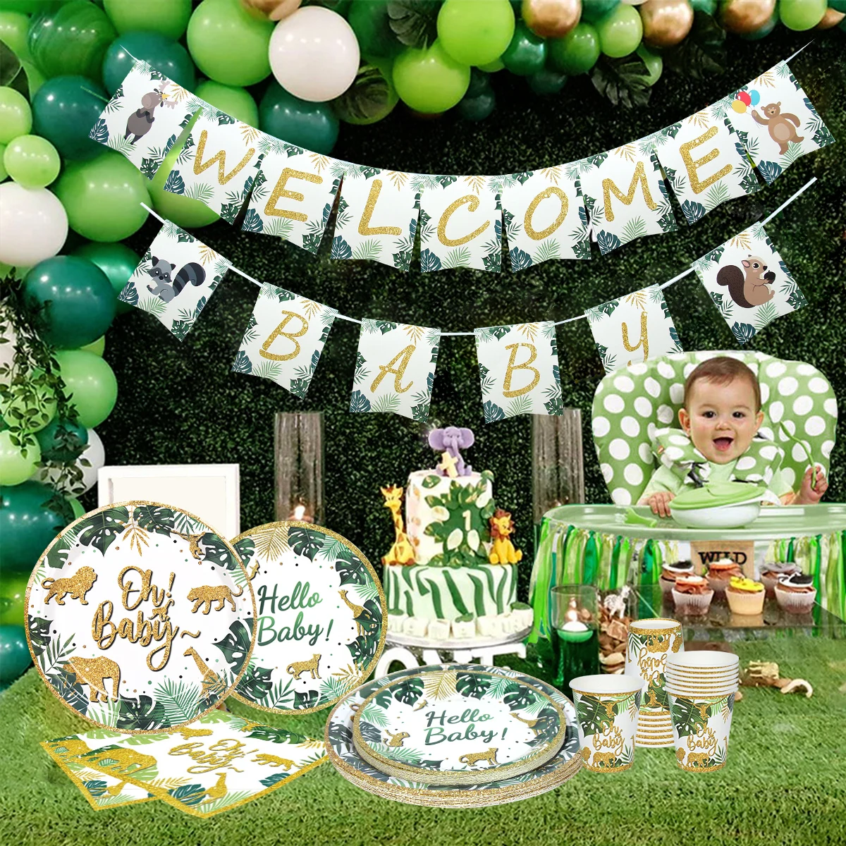 Vaisselle jetable, assiettes, gobelets, animaux de la Jungle, Safari,  décoration d'anniversaire, fournitures pour fête à thème de la forêt,  réception-cadeau pour bébé