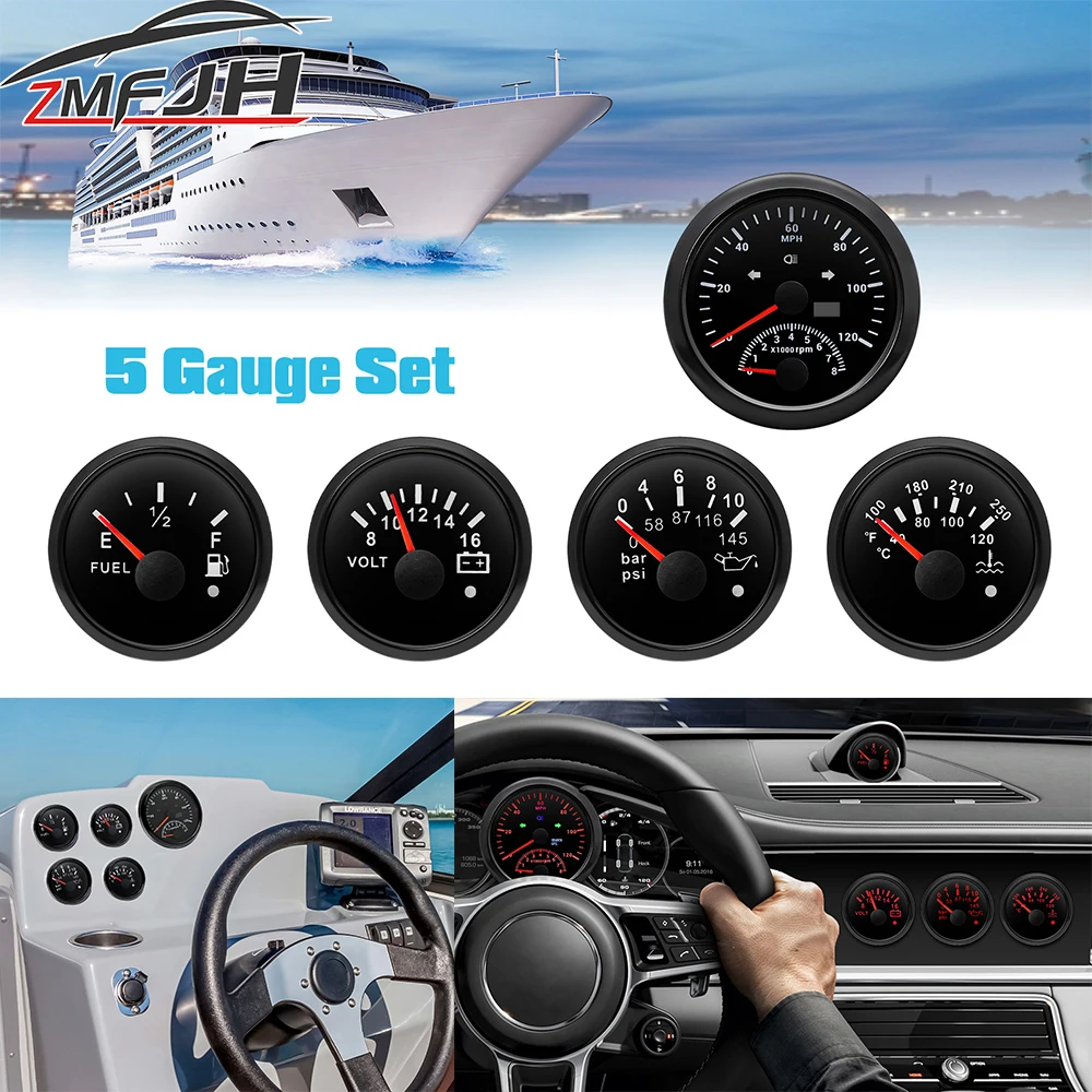 

5 Gauge Set GPS Speedometer with Tachometer With Turn Signal High Beam 52mm Fuel Level Water Temp Gauge Oil Pressure Voltage