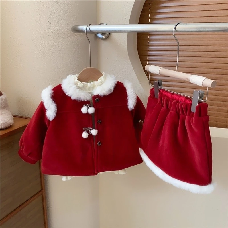 

Плотный зимний костюм для девочек, новый шерстяной свитер винного цвета для девочек + юбка, комплект из двух предметов, одежда для девочек