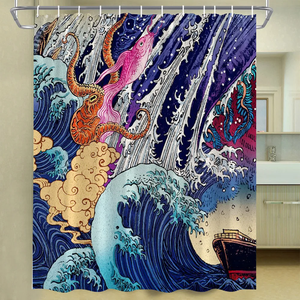 Abstract Fish Shower Curtain Japanese Art Bright-Coloured Koi Sea