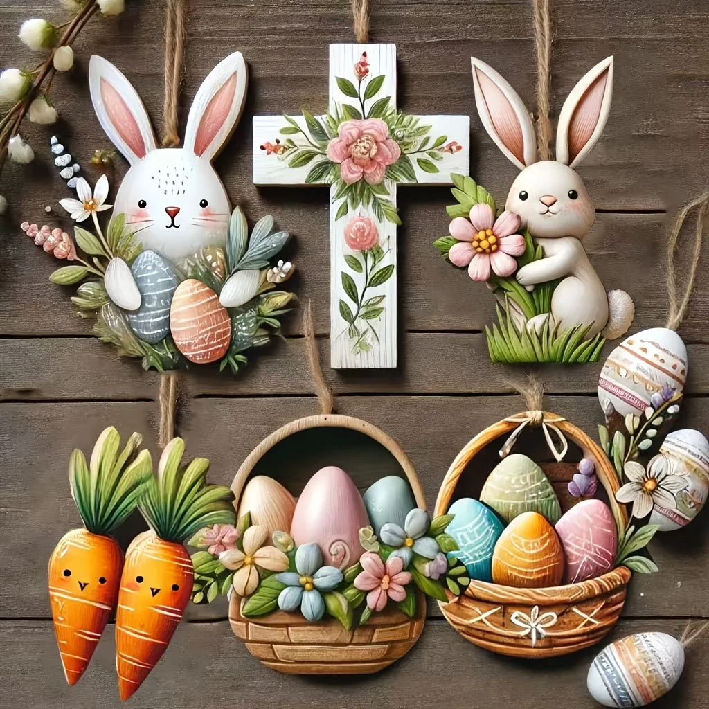 Easter Rabbit Cross 12pcs 2D Flat Easter Bunny Cross Wooden Pendant Spring Egg Cutouts ...