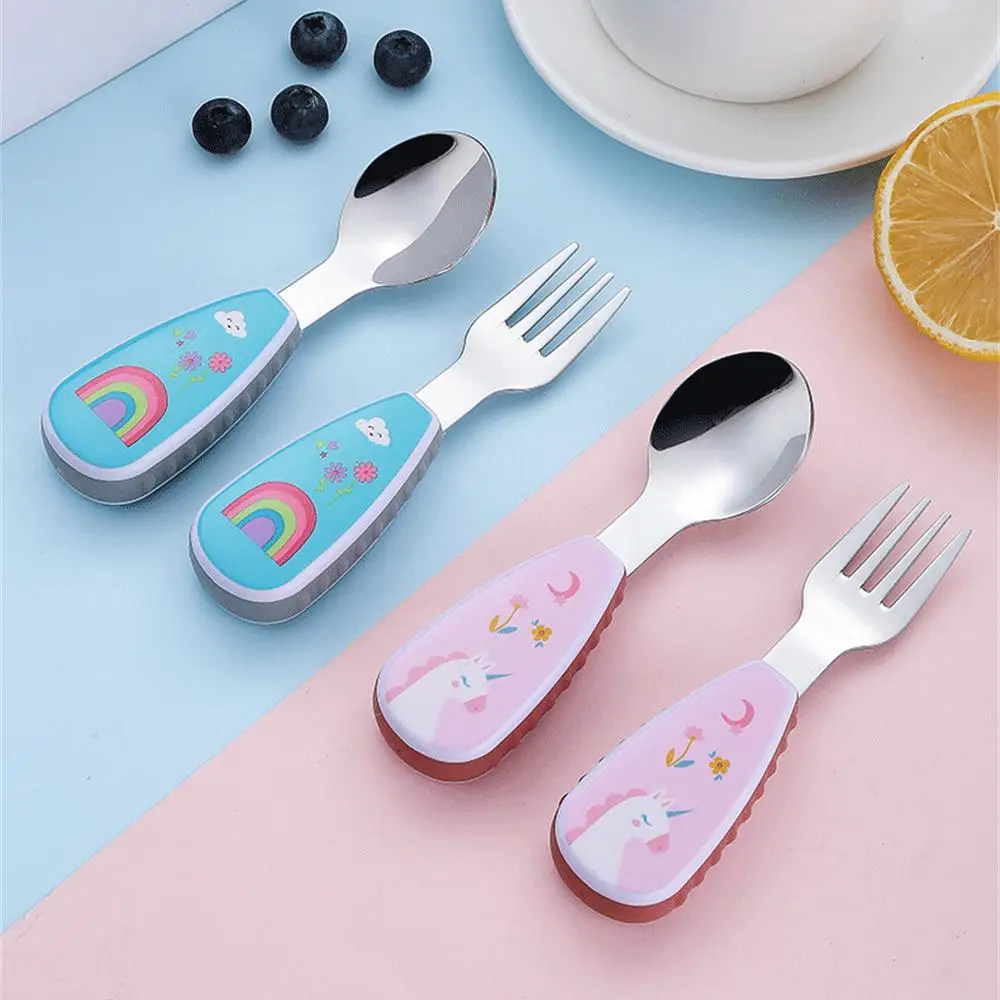 

2pcs/set Stainless Steel Short Handle Spoon Fork Sets With Dust Box Tableware Special Tableware For Children Who Eat Independent