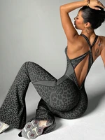Hot Sexy Leopard Jumpsuits Sportwear Women Casual Sleeveless Backless Flare Pants Fitness Yoga Overalls Gym Running Tracksuit