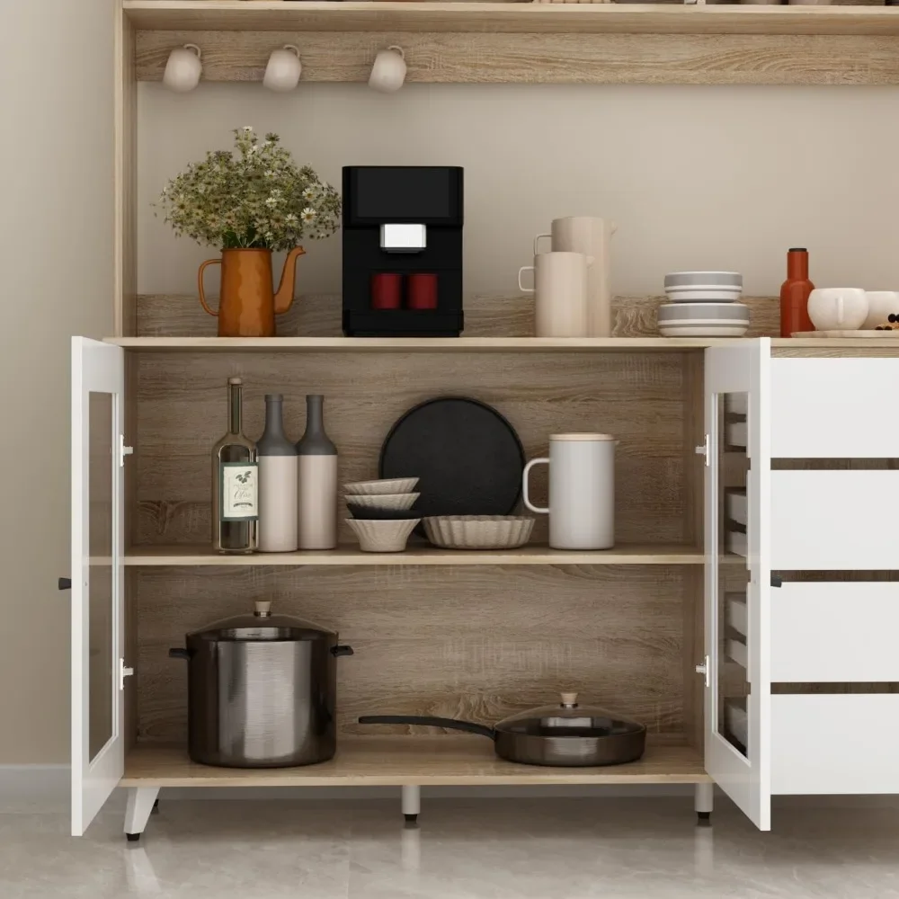 Kitchen Pantry Storage Cabinet, Shelves & Drawers, Modern Sideboard Buffet Cabinet, Wood Kitchen Cupboard with Hutch and Hooks 3