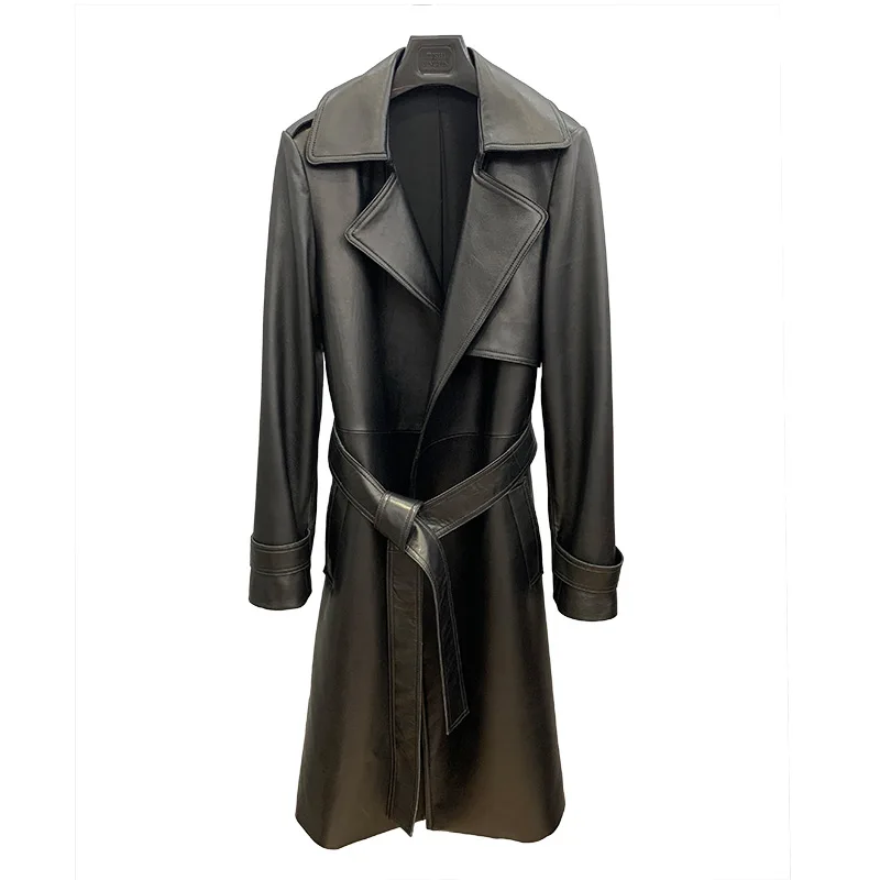 

2023 Spring Autumn Women Leather Trench Lady Genuine Sheepskin Long Coats Windbreaker Female Leather Overcoat TS4850