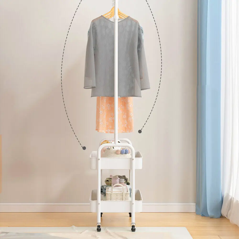 2-In 1 Garment Rack Clothing Rack With 2 Tier Metal Basket Rolling Storage Cart