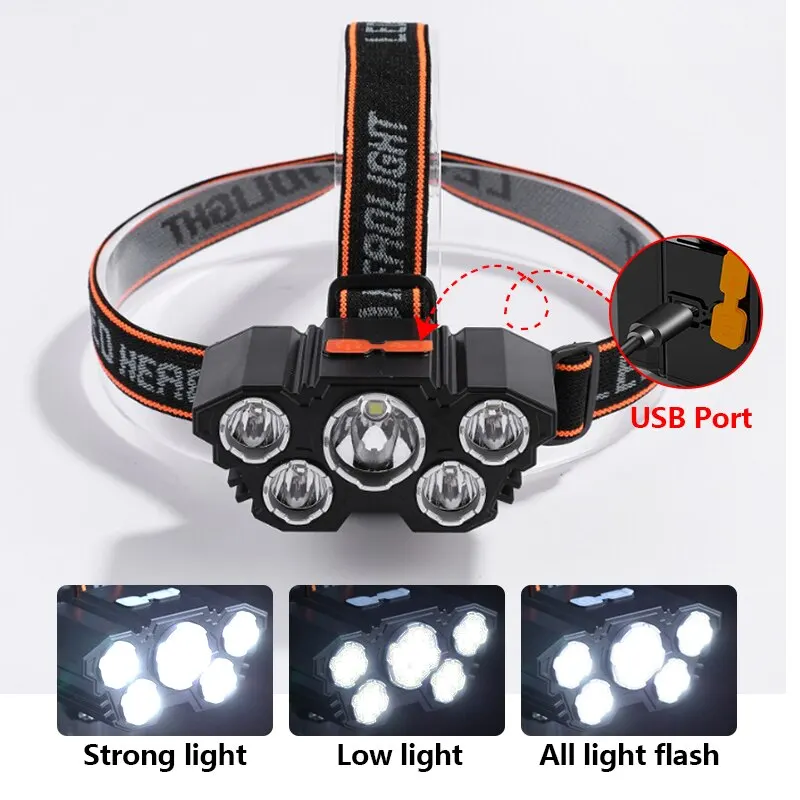 5 LED Flashlight Rechargeable with Built in 18650 Battery Strong Light Camping Adventure Fishing Head Light Headlamp image_1