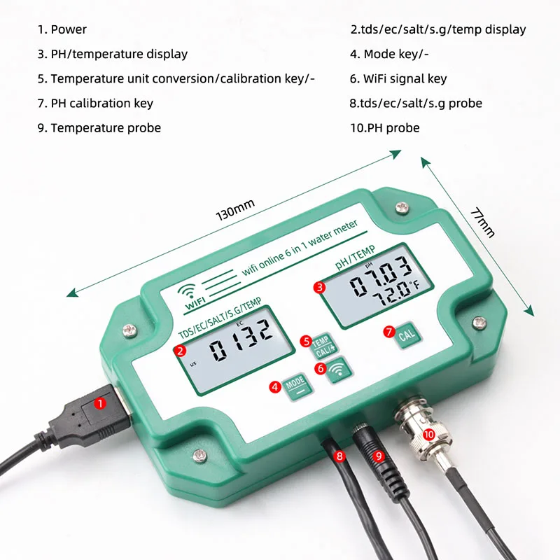 PH Meter, Medidor PH, 7 en 1 TDS/EC/Salinity/ORP/S.G/Temperature