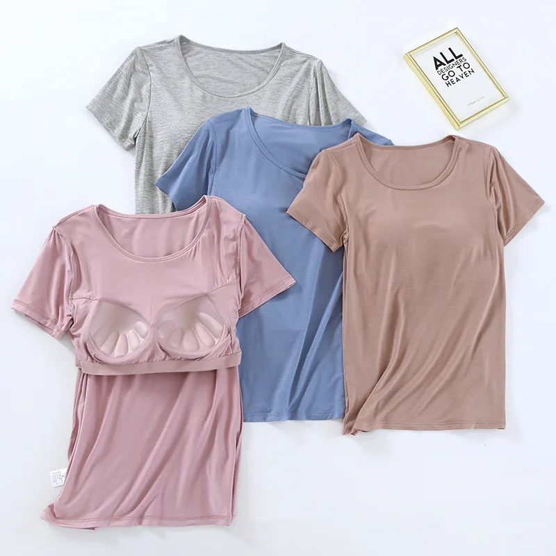 2023 Women's Tshirts Shorts Sleeve Tops with Built In Bra Neck Vest Padded  Slim Tank Tops Sexy Shirts Feminino Tees Girl Clothes