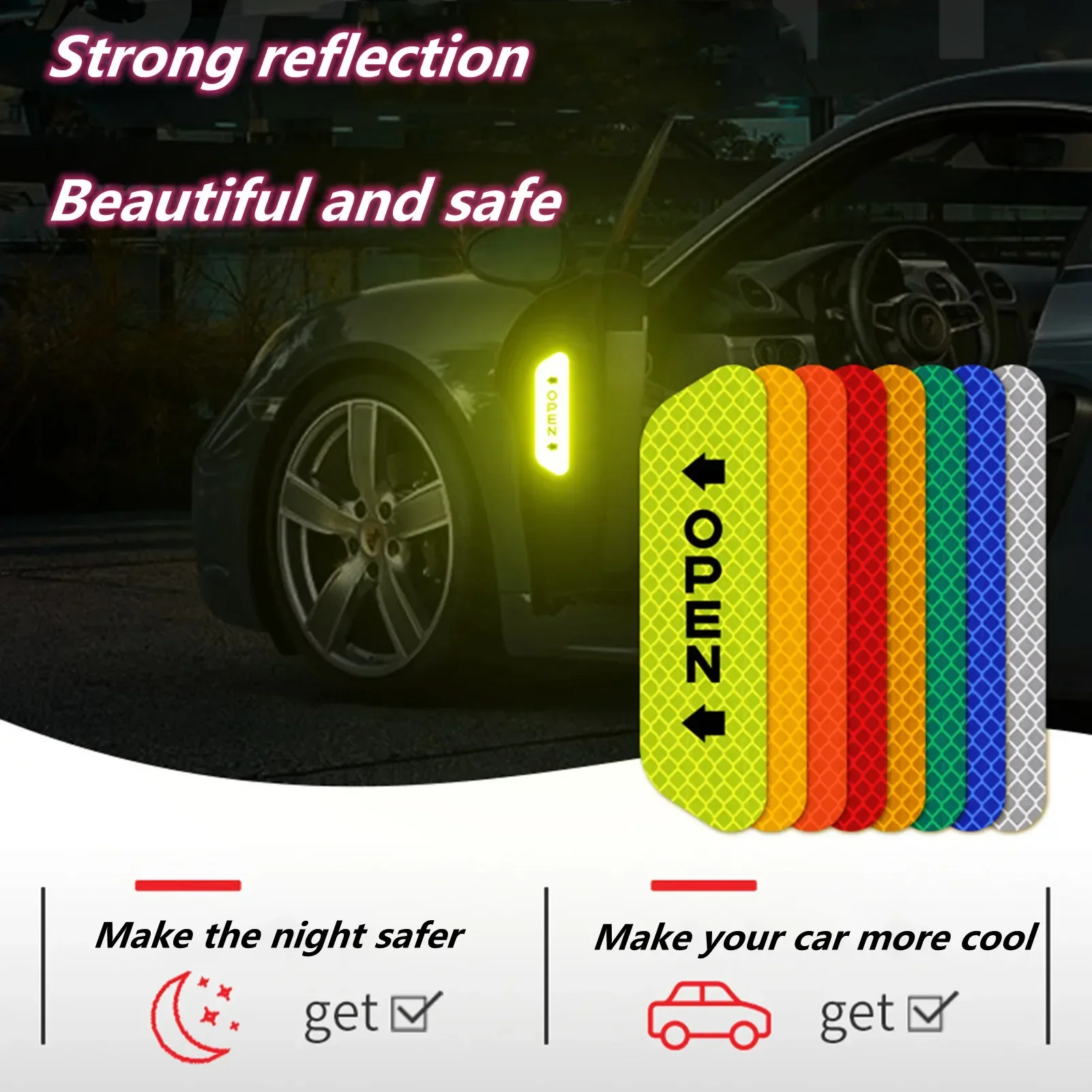 6PCS Car Door Open Reflective Stickers Night Warning Mark Tape Auto Vehicle Luminous Decals Safety Sticker DIY Install Adhesive