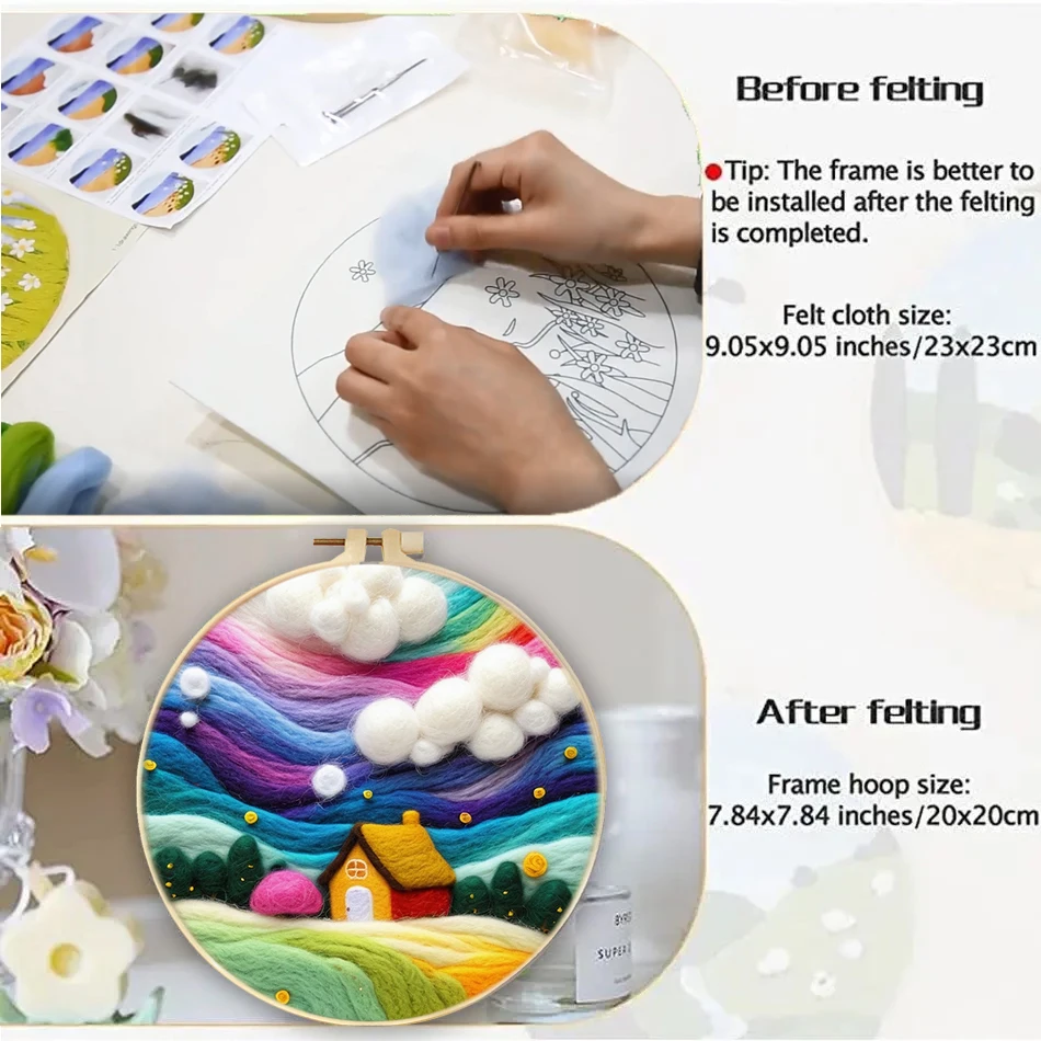 Wool Felting Painting Colorful Rainbow Scenery Starter Kit Needle Felting Picture with Frame Wool Painting Kit Diy Gift