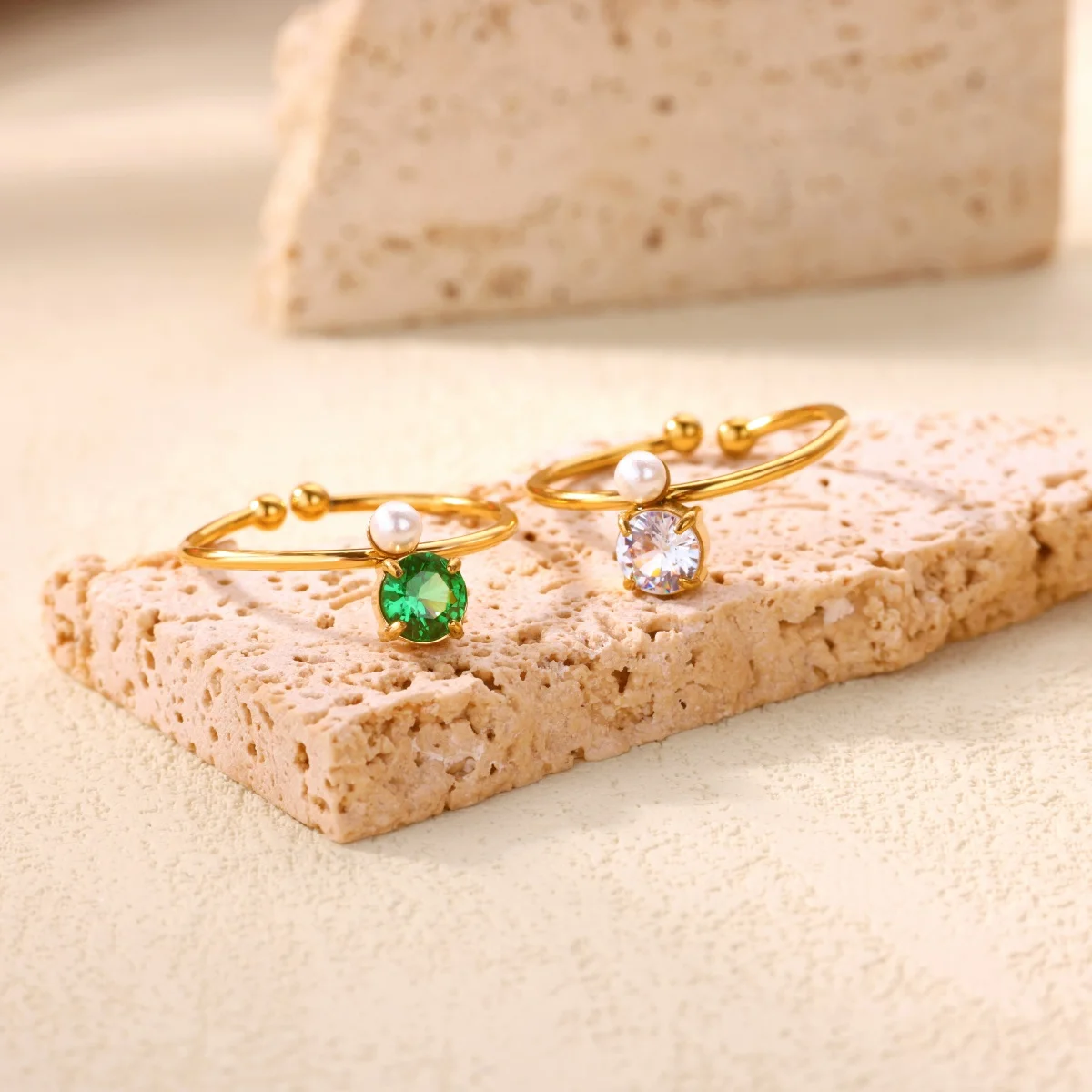 Round Zircon Pearl Ring for Women Gold Color Stainless Steel Adjustable
