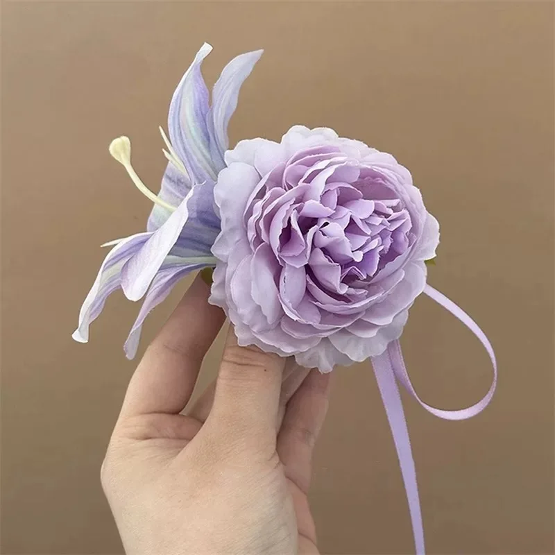 Damen-Haarspangen mit Blumenmuster, sanfte Taropaste, lila, superfeenhafte Blume, langes Band, Haarnadel, süßer Waldstil, süßes Kopf-Accessoire – Detail 4