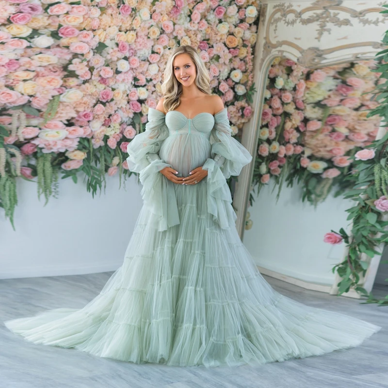 Off The Shouder Mesh Maternity Dress Pretty Sweetheart Tulle A Line Photo-shoot Dresses Puffy Full Sleeves Pregnant Women Gowns