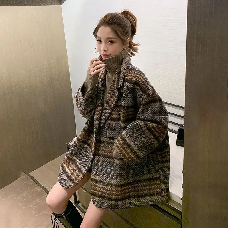 

High Quality Winter Coat for Women Vintage Woolen Loose Coats Korean Overcoat female Double Breasted Turn-down Collar Jacket