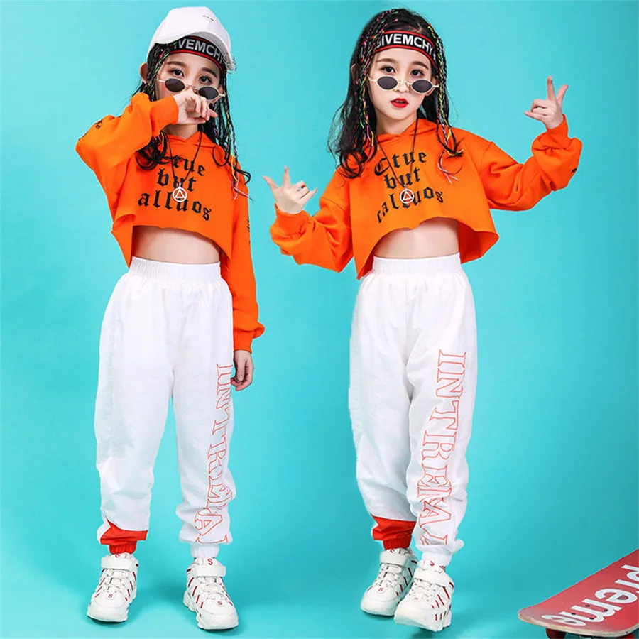 

Kids Girls Jazz Dance Costume Hip Hop Clothing Tops and white pant Hip Hop Cargo Pants Teens Girl Modern Dancing Clothes