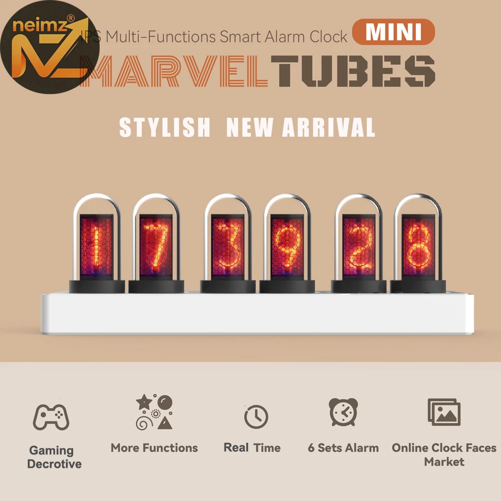 IPS Nixie Tube Alarm Clock with Colorful RGB Lights for Game Room Decoration. DIY Clock Faces and Pictures for Gift Idea