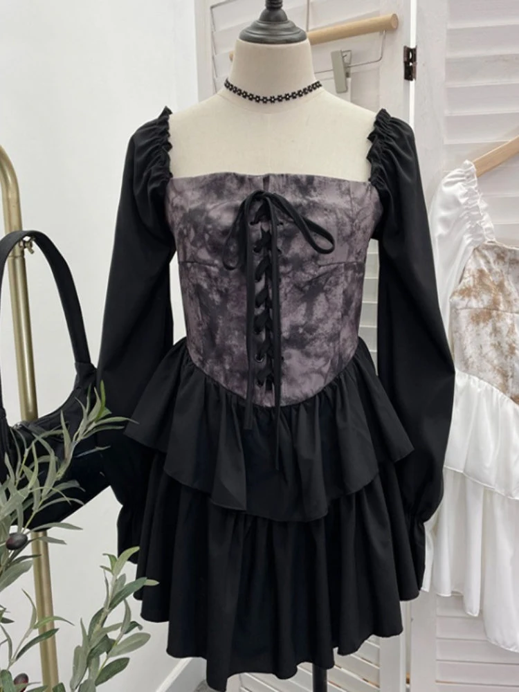 

Contrast Color Tie Dye Slash Neck Dress Patchwork Bandage Puff Sleeve Dresses Y2k Aesthetic Slim Ruffles Off Shoulder Vestidos