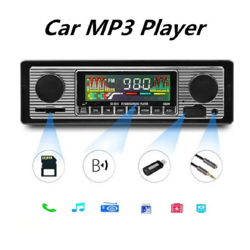 Autoradio Bluetooth sans fil vintage pour voiture, lecteur de limitation MP3, mains libres, AUX, USB, SD, FM, audio stéréo classique