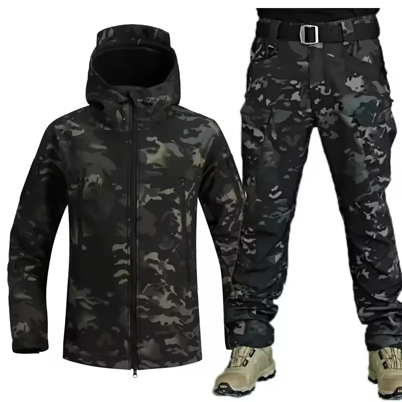 Winter Thicken Men Camo Suit Waterproof Tactical Training Set Multi-pocket Hooded Jacket Fleece Pants Outdoor Hunting 2-piece 3