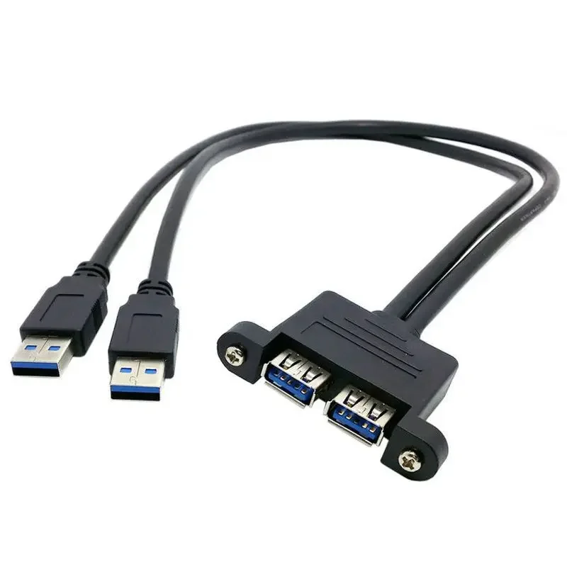 Dual USB Male to Female Twin Port Extension Cable with Panel Mounting and Screw Holes