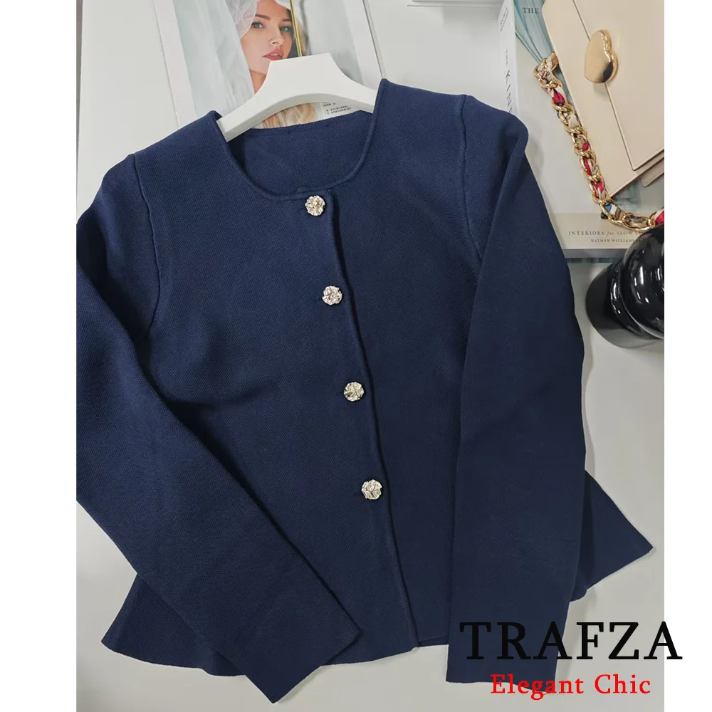 TRAFZA-Women Elegant Navy Blue Skirt Set Sweater+Skirt Set New 2025 Spring Fall Fashion Elegent Office Lady Minimalism Skirt Set 6